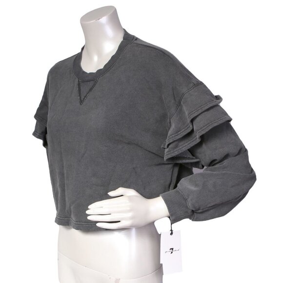 7 For All Mankind Ruffled Cropped Sweatshirt Sweater Grey Crewneck NEW - Picture 3 of 8